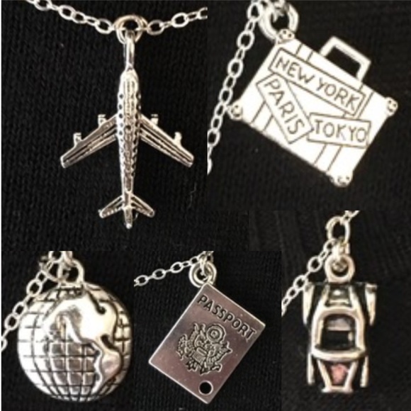 “World Traveler" Handmade Silver Travel Charm Necklace, Suitcase Plane Passport - Picture 3 of 13